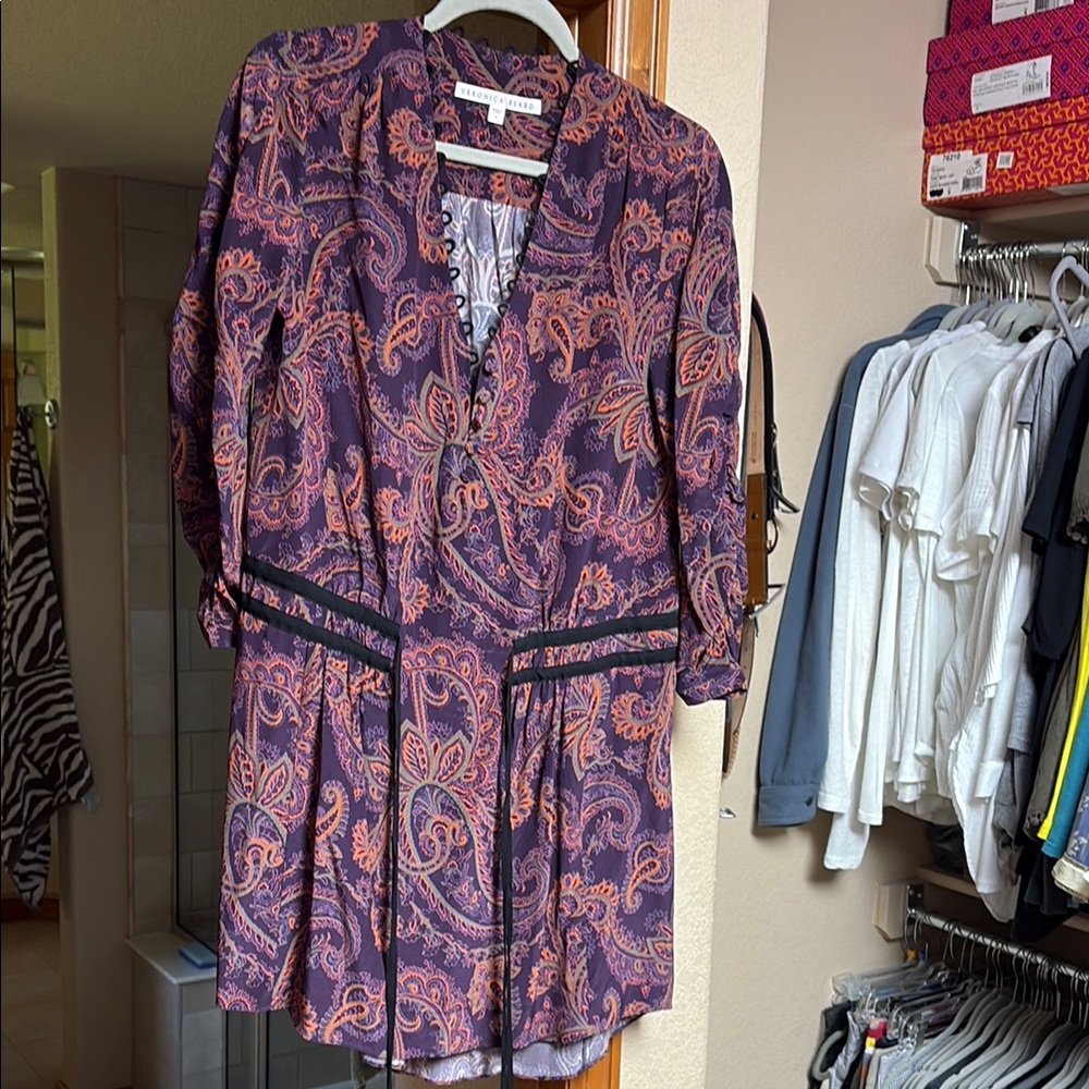 Veronica Beard Blue and Pink Bishop Sleeve Mini Dress